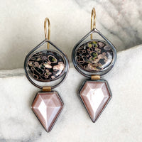 Volcanic Porphyry and Peach Moonstone Earrings
